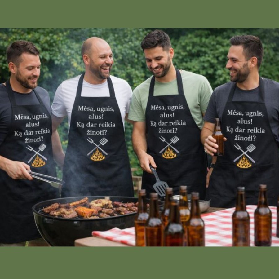 Siuvinėta juodos medvilnės BBQ prijuostė „Mėsa, ugnis, alus! Ką dar reikia žinoti?“
