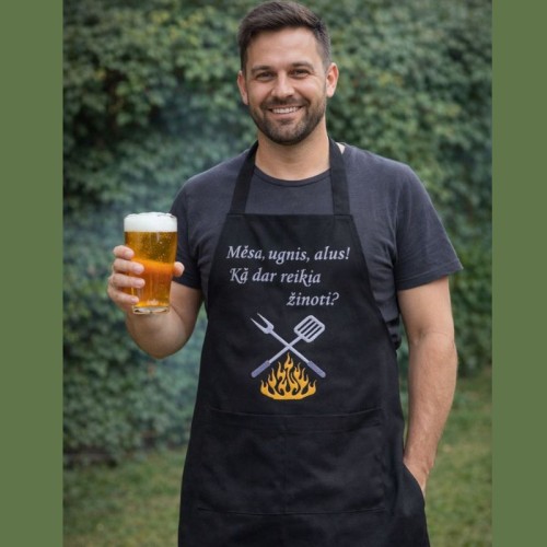 Siuvinėta juodos medvilnės BBQ prijuostė „Mėsa, ugnis, alus! Ką dar reikia žinoti?“