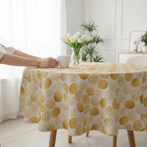 Apvali staltiesė su geltonais raštais – šviesus ir jaukus stalo dekoras