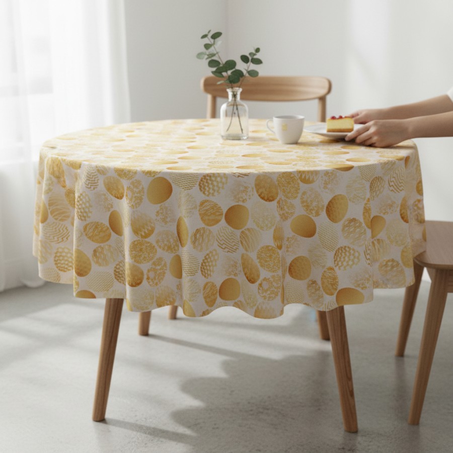 Apvali staltiesė su geltonais raštais – šviesus ir jaukus stalo dekoras Apvali staltiesė su geltonais raštais – šviesus ir jaukus stalo dekoras
