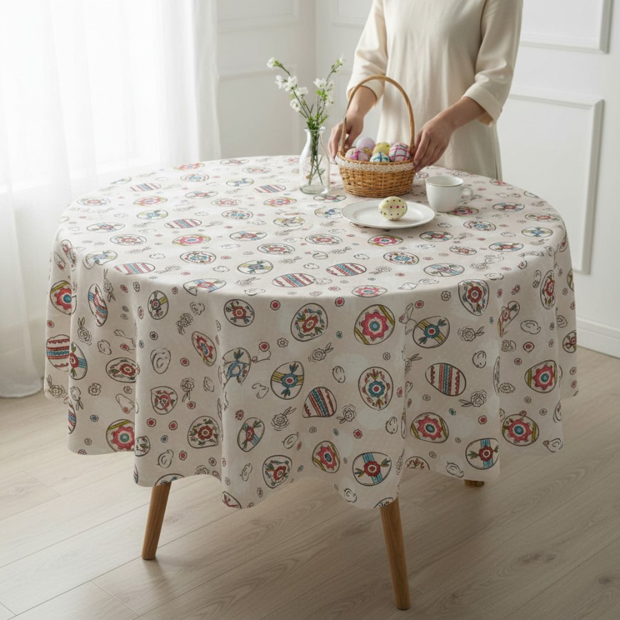 Apvali velykinė staltiesė su margučių raštais – šventinis stalo dekoras Apvali velykinė staltiesė su margučių raštais – šventinis stalo dekoras