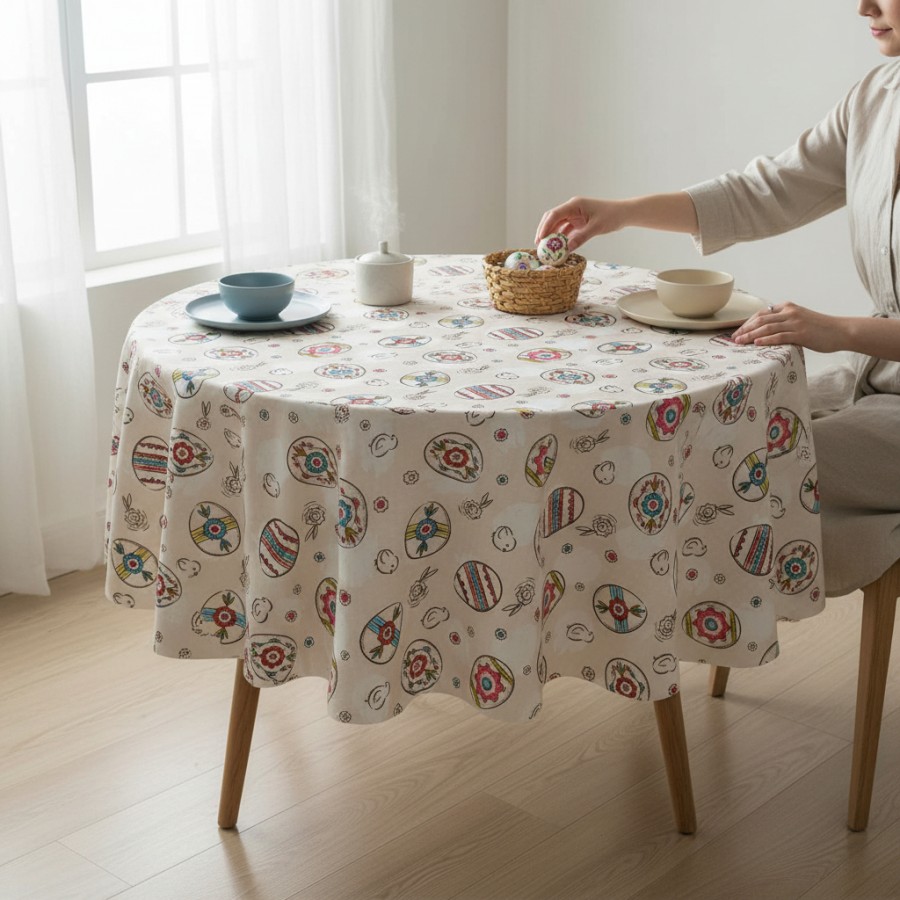 Apvali velykinė staltiesė su margučių raštais – šventinis stalo dekoras Apvali velykinė staltiesė su margučių raštais – šventinis stalo dekoras