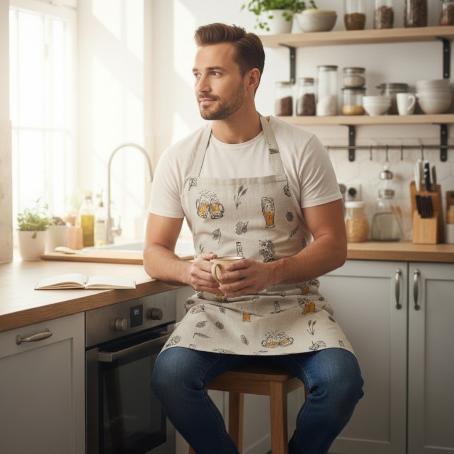 Lininė prijuostė su apynių motyvais – vyriška, pagaminta Lietuvoje