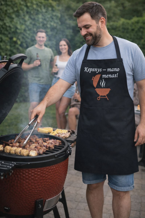 Siuvinėta juoda  prijuostė „Kepsnys – mano menas!“