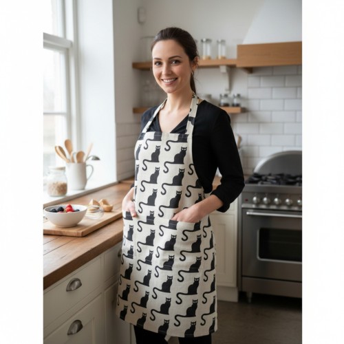 Lininė prijuostė su juodų kačių motyvais | Pagaminta Lietuvoje