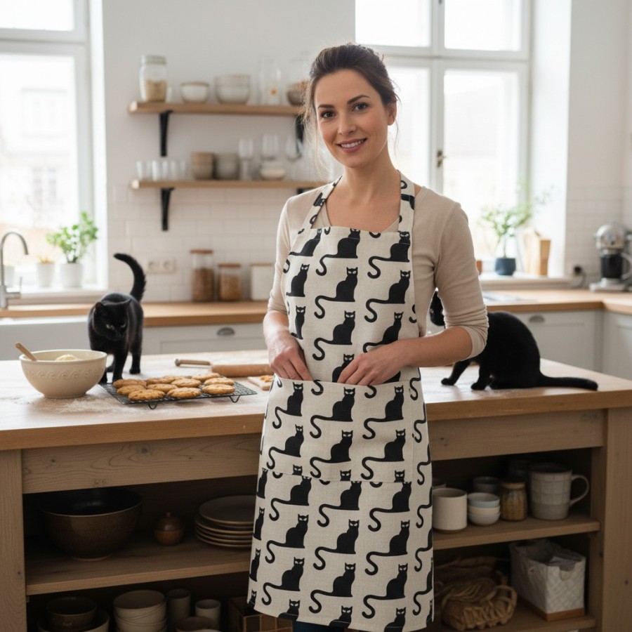 Lininė prijuostė su juodų kačių motyvais | Pagaminta Lietuvoje