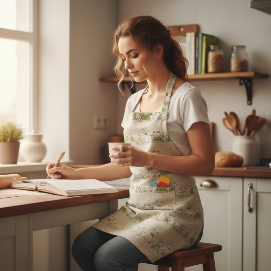 Lininė prijuostė su žalių varlyčių motyvais | Pagaminta Lietuvoje