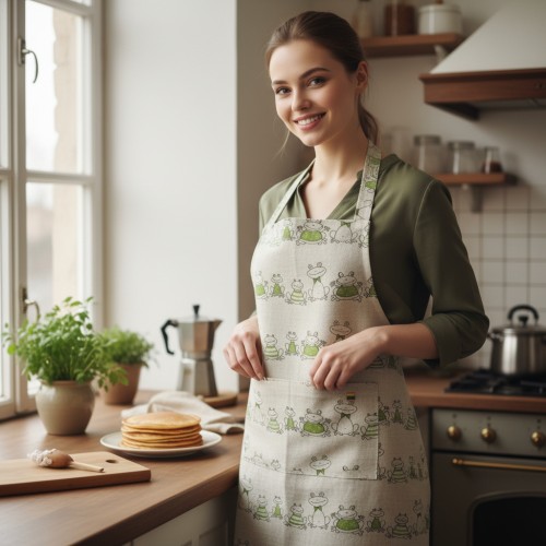 Lininė prijuostė su žalių varlyčių motyvais | Pagaminta Lietuvoje