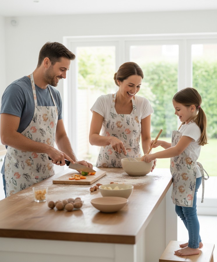 Medvilninė virtuvės prijuostė su žuvims motyvais Medvilninė virtuvės prijuostė su žuvims motyvais