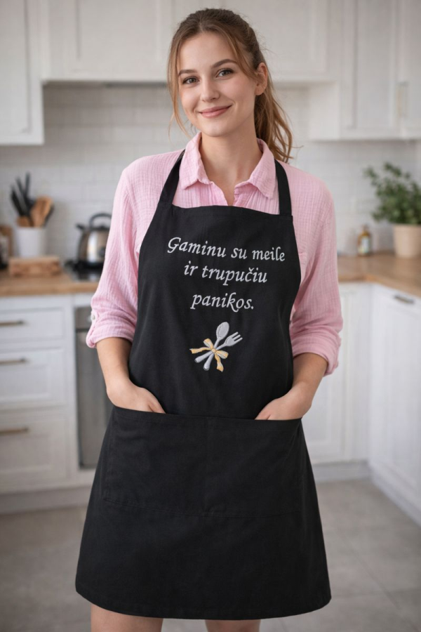 Siuvinėta juoda prijuostė „Gaminu su meile ir truputį panikos“ 