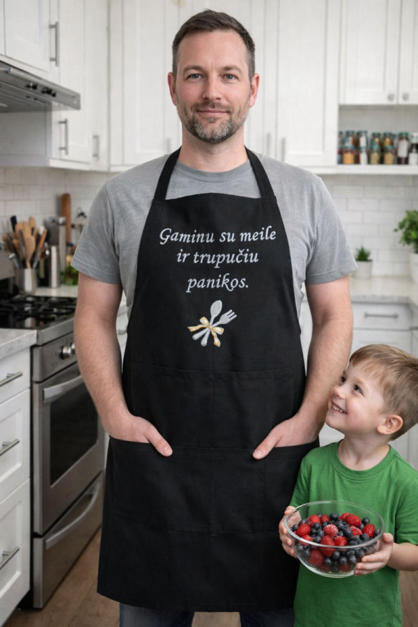 Siuvinėta juoda prijuostė „Gaminu su meile ir truputį panikos“ 