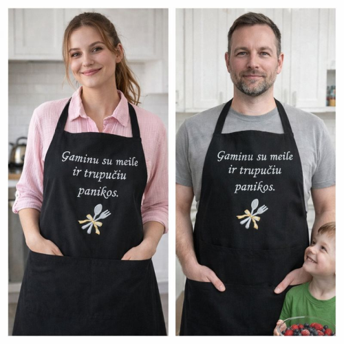 Siuvinėta juoda prijuostė „Gaminu su meile ir truputį panikos“ 