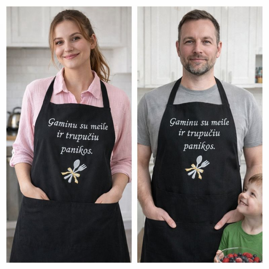 Siuvinėta juoda prijuostė „Gaminu su meile ir truputį panikos“ 