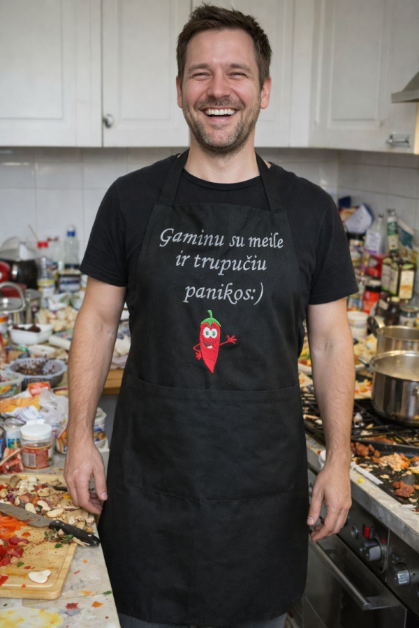 Siuvinėta juoda prijuostė „Gaminu su meile ir truputį panikos :)“ (unisex)