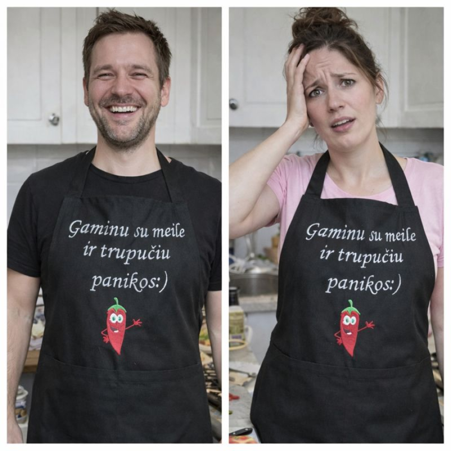 Siuvinėta juoda prijuostė „Gaminu su meile ir truputį panikos :)“ (unisex)