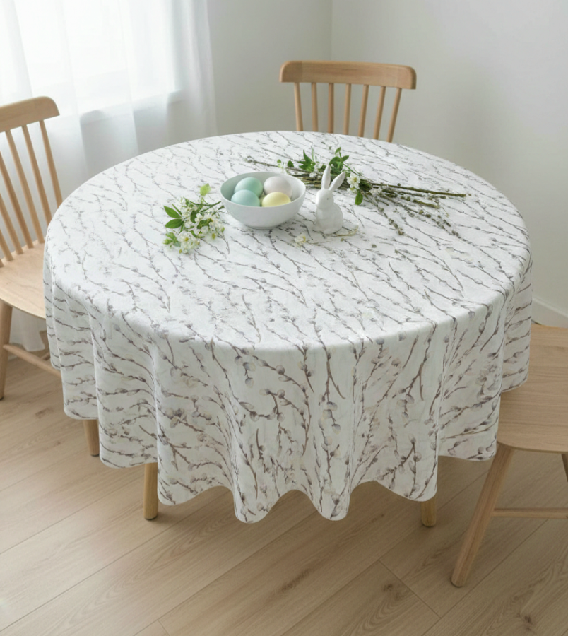 Apvali staltiesė su verbu šakelių raštu – šviesi, natūralaus stiliaus Apvali staltiesė su verbu šakelių raštu – šviesi, natūralaus stiliaus