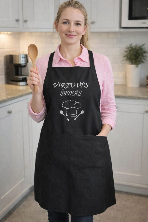 Siuvinėta juoda prijuostė „Virtuvės šefas“ (unisex) Siuvinėta juoda prijuostė „Virtuvės šefas“ (unisex)