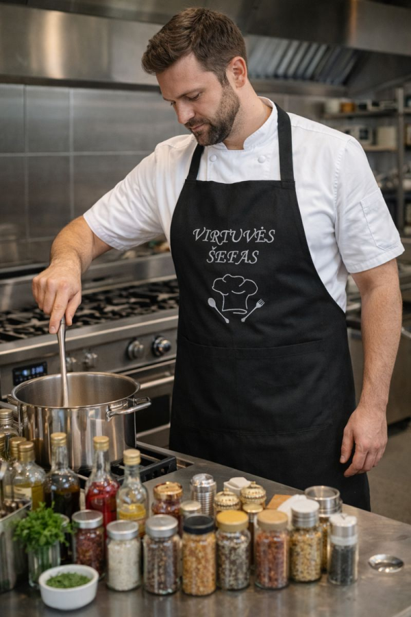 Siuvinėta juoda prijuostė „Virtuvės šefas“ (unisex) Siuvinėta juoda prijuostė „Virtuvės šefas“ (unisex)
