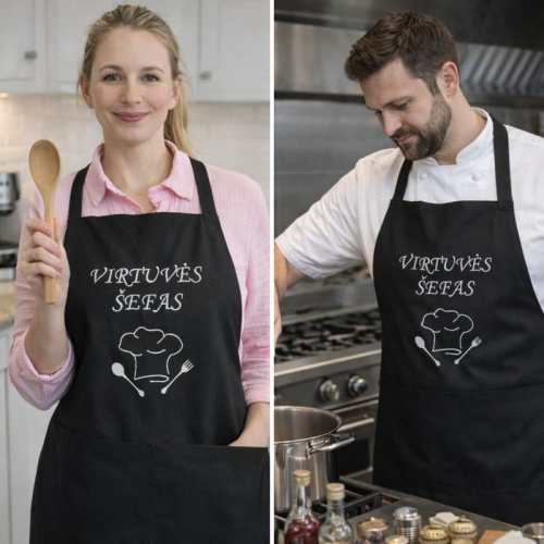 Siuvinėta juoda prijuostė „Virtuvės šefas“ (unisex)